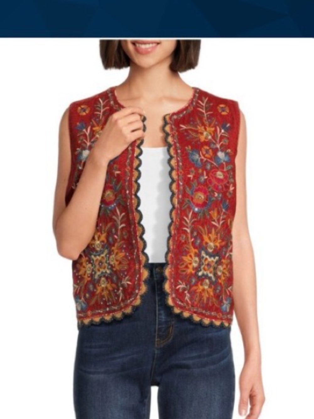 John Mark Red Embroidered Sleeveless Vest